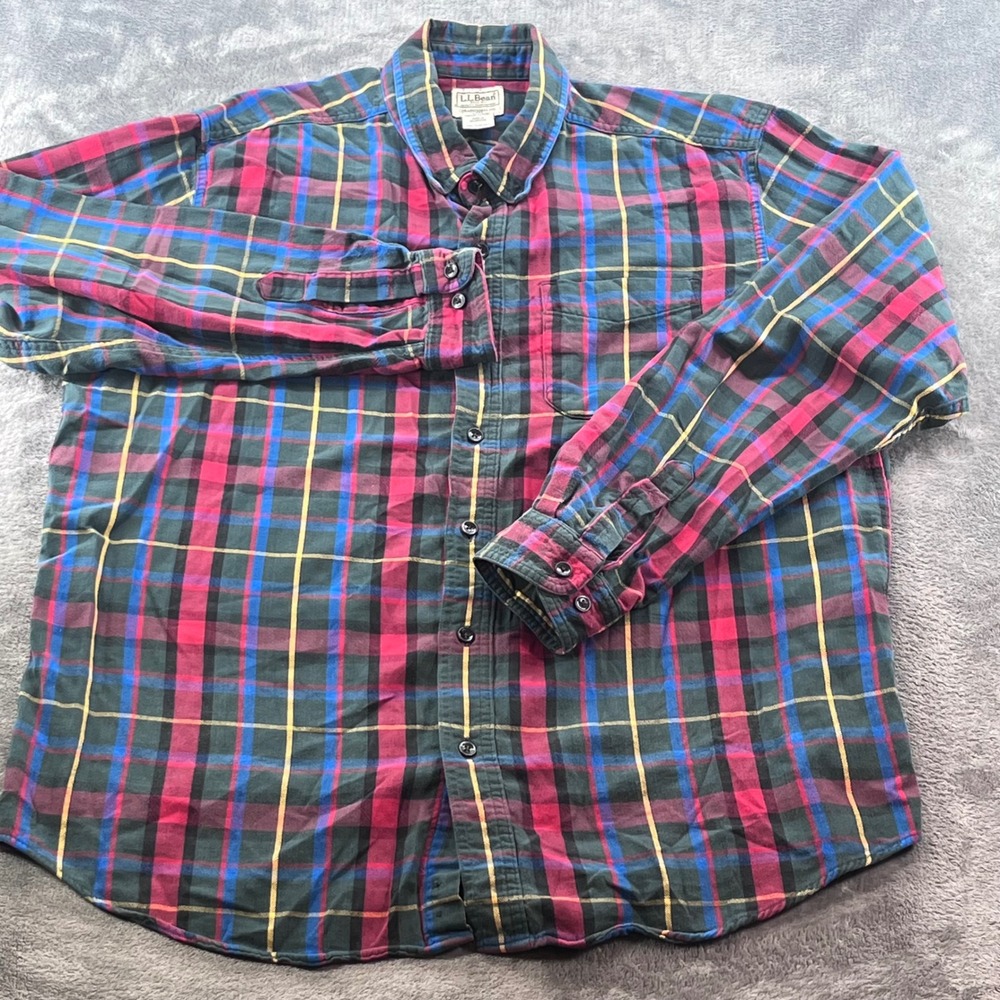 LL Bean Traditional Fit Plaid Flannel Shirt Mens Large Green Red Blue Cotton